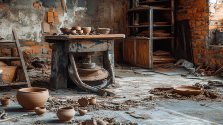 Explore a rustic pottery workshop showcasing various clay items and tools in an artistic setting filled with natural textures and tones, perfect for creative inspiration.の素材
