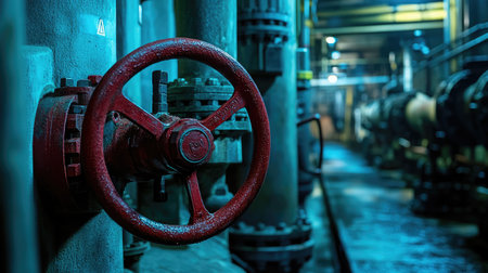 A striking image of an industrial valve located within a factory, showcasing the intricate design and robust materials used in manufacturing, set against a moody blue-lit backdrop.の素材
