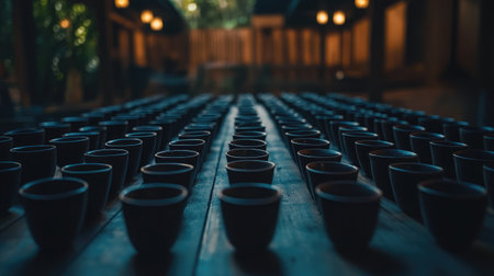 An inviting display of traditional tea cups set on a rustic wooden table, surrounded by tranquil nature and soft lighting, perfect for showcasing a serene beverage culture.の素材