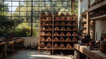 A serene pottery studio filled with natural light, showcasing neatly arranged shelves of handmade clay artworks, tools, and a touch of greenery, perfect for creative inspiration.の素材