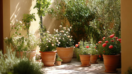 A serene garden features beautiful flower pots filled with vibrant blossoms and lush greenery, creating a peaceful outdoor atmosphere bathed in sunlight.の素材