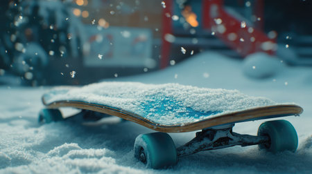 A vibrant blue skateboard lies on a snowy landscape, blanketed in soft snowflakes, showcasing the contrast between the active sport and the serene winter environment.の素材