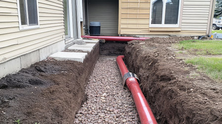 A construction site displays a recently dug trench filled with gravel, featuring red piping for drainage or plumbing systems adjacent to a residential building.の素材