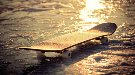A solo skateboard rests on the shimmering ocean surface, reflecting sunlight during a tranquil sunset. The beautiful scene evokes feelings of freedom and adventure.の素材