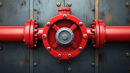 Close-up view of a red industrial valve mounted on a rusty metallic background. This image captures the essence of engineering and machinery in a contemporary setting.の素材
