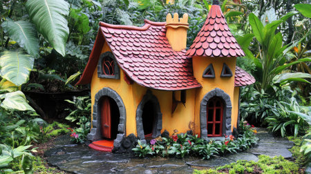 Experience the enchanting allure of a vibrant miniature house nestled amid lush greenery, creating a whimsical garden scene filled with charm and artistry.の素材