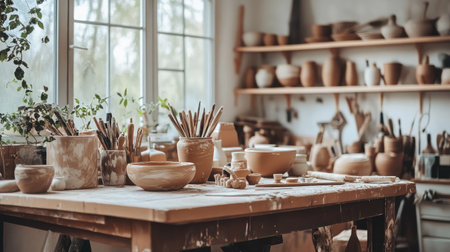 This inviting pottery studio features a wooden table laden with clay pots, tools, and artwork, beautifully illuminated by natural light and surrounded by shelves of handcrafted ceramics.の素材