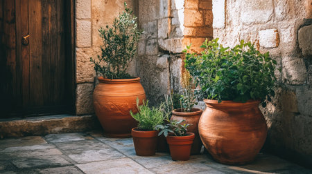 A picturesque outdoor corner showcasing terracotta pots filled with lush greenery against a textured stone wall, creating a serene and inviting atmosphere for relaxation and inspiration.の素材