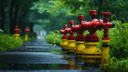 A series of vibrant red fire hydrants stand prominently on a rain-soaked pathway, surrounded by lush greenery, illustrating the intersection of safety and natural beauty in urban settings.の素材