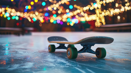 A skateboard rests on a glistening ice rink, illuminated by colorful lights, blending sport and festivity in a magical nighttime setting filled with creativity and excitement.の素材