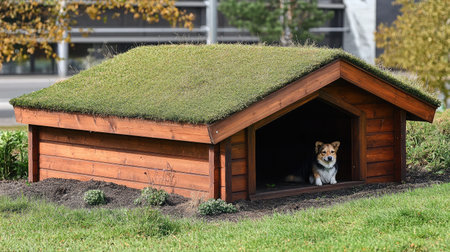 A charming wooden dog house with a natural grass roof nestled in a lush garden, featuring a relaxed Corgi peeking from the entrance, ideal for pet lovers.の素材
