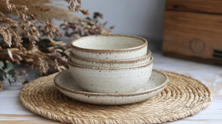 This image features a stylish arrangement of three rustic ceramic bowls and a plate on a woven mat, accentuated by dried flowers, perfect for interior or dining inspiration.の素材