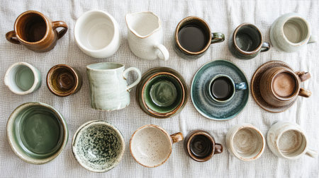 A captivating arrangement of various ceramic cups and bowls, highlighting their unique designs and textures, perfect for enhancing any kitchen or dining setting.の素材