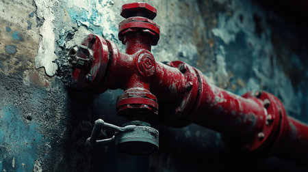 This close-up image captures a vintage red pipe with a rusty surface, showcasing the intricate details and textures associated with industrial environments and aging machinery.の素材
