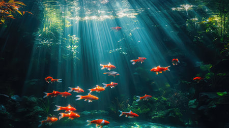 A stunning underwater view showcasing vibrant koi fish gracefully swimming amidst lush greenery, illuminated by beams of sunlight filtering through the water surface, creating an enchanting atmosphere.の素材