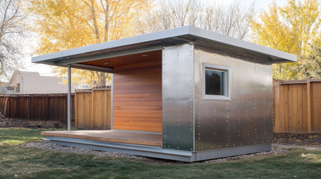 A striking modern prefab structure featuring a sleek metallic exterior and inviting wooden accents. This serene backyard retreat exudes contemporary charm amidst lush greenery.の素材