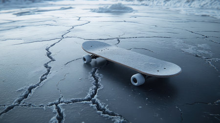 This image captures a skateboard resting on cracked ice, highlighting the contrast between sports equipment and a serene winter environment, evoking feelings of solitude.の素材