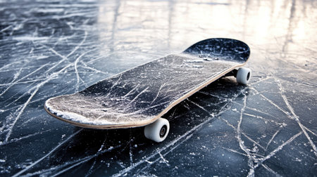 A close-up shot of a skateboard placed on a frozen icy surface, showcasing the unique blend of skate culture and winter elements, highlighting texture and contrast.の素材
