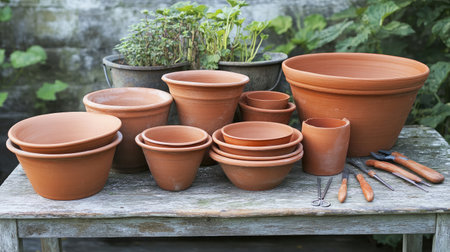 An appealing arrangement of terracotta pots of various sizes displayed on a wooden table amidst lush greenery, perfect for garden projects or home gardening inspiration.の素材