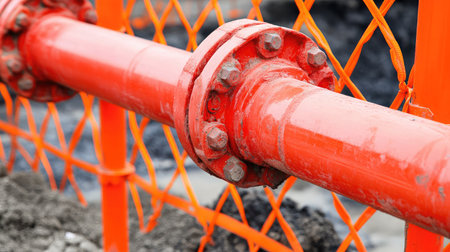 Close-up of an orange pipeline under construction, surrounded by a safety fence. This image highlights industrial development and the importance of safety in urban environments.の素材