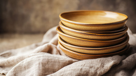 A charming stack of rustic ceramic plates resting on a soft linen cloth, captured in warm tones, perfect for showcasing culinary creativity and inviting kitchen decor.の素材