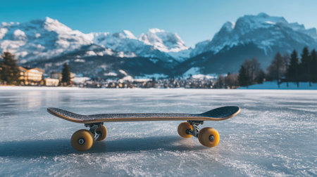 A skateboard rests on a frozen lake surrounded by majestic snow-capped mountains, illustrating the harmony between urban sports and winter landscapes in bright sunlight.の素材