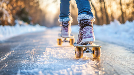 A lively scene captures a person skating on ice with stylish skateboard shoes during a breathtaking sunset, surrounded by a serene snowy landscape, perfect for inspiring winter adventures.の素材