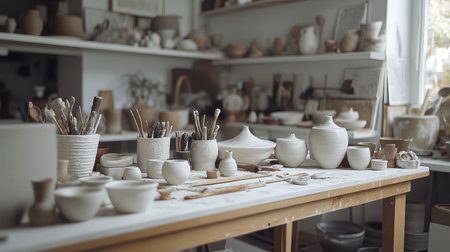 A serene pottery studio showcasing a variety of handcrafted ceramics and tools on a wooden table, surrounded by soft natural light that enhances the creative atmosphere.の素材