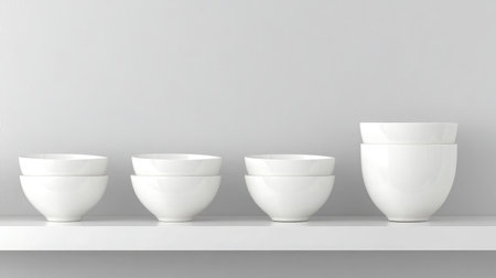 A neat arrangement of white bowls displayed on a shelf, reflecting minimalist design and elegance, perfect for use in culinary, home decor, and modern lifestyle themes.の素材
