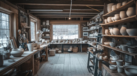 Explore a tranquil pottery studio filled with natural light, showcasing shelves of exquisite clay creations and tools, inspiring creativity and craftsmanship in a serene environment.の素材