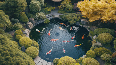 A peaceful Japanese garden featuring a tranquil pond filled with colorful koi fish gently swimming amid lush greenery and vibrant autumn leaves, creating a serene atmosphere.の素材