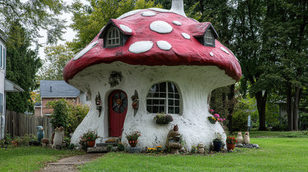 Discover a charming mushroom-shaped house featuring a vibrant red roof and white spots, surrounded by lush green grass and delightful garden decorations.の素材
