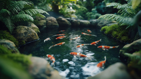 A beautiful garden pond features colorful koi fish swimming peacefully among smooth stones and lush greenery, creating a serene and tranquil environment.の素材