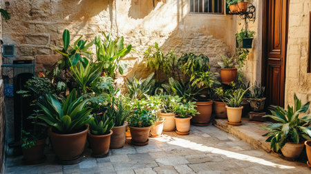 A vibrant collection of lush green plants arranged in terracotta pots strategically placed in a sunlit stone courtyard, creating a tranquil and inviting atmosphere.の素材