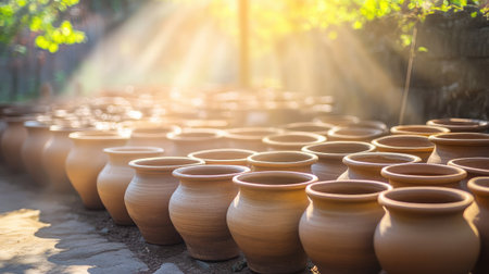 A beautiful collection of clay pots basking in gentle sunlight, showcasing their earthy texture and color, perfect for nature-themed projects or tranquil outdoor scenes.の素材