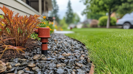 A picturesque garden scene featuring a sprinkler nestled among colorful plants and smooth stones, surrounded by thriving green grass to create a picturesque outdoor setting.の素材