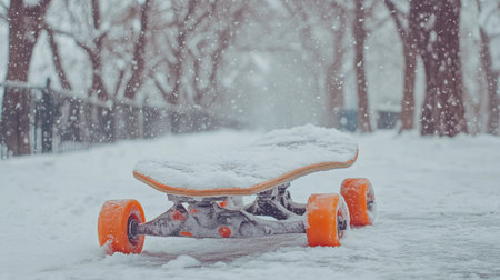 A lonely skateboard rests in a snowy park scene, covered in a soft layer of snow, surrounded by barren trees. The vibrant orange wheels stand out against the tranquil white backdrop.の素材