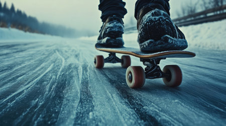 A skateboarder skillfully navigates an icy surface, blending sport and winter beauty in a dynamic outdoor environment. Perfect for capturing energy and adventure.の素材