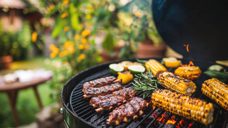 A vibrant outdoor barbecue scene featuring delicious grilled meat and sweet corn on a charcoal grill surrounded by lush greenery and a sunny atmosphere.の素材