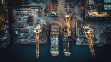 An aerial perspective captures a bustling construction site with cranes and barges, highlighting the dynamic interplay of industry, machinery, and urban development.の素材