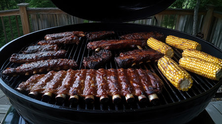 A vibrant display of barbecue ribs and grilled corn on a charcoal grill, showcasing a perfect summer feast ideal for family gatherings and outdoor barbecues.の素材