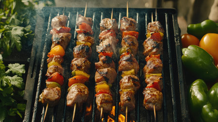 Enjoy the enticing sight of grilled meat and vegetables on skewers sizzling over an open flame, perfect for gatherings and summer celebrations with fresh ingredients.の素材