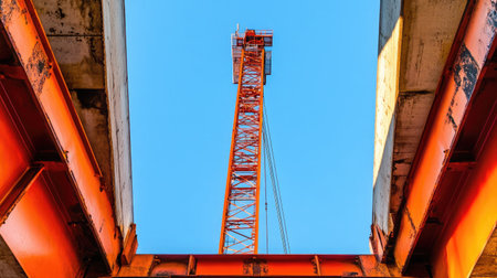 A striking view of a construction crane towering against a clear blue sky, framed by industrial support beams, highlighting the progress of urban development and engineering.の素材