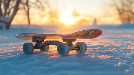 A vibrant skateboard rests on a snowy surface during sunset, capturing the essence of winter adventure and evoking feelings of freedom in nature's beautiful light.の素材