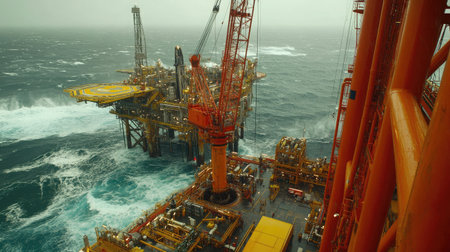 Captivating view of an offshore oil rig surrounded by turbulent waters and dark skies, highlighting industrial equipment and the challenges of energy production in extreme weather conditions.の素材