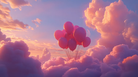 A captivating scene featuring colorful balloons floating peacefully in a dreamy cloudscape at sunset, evoking feelings of joy, freedom, and whimsy in this serene atmosphere.の素材