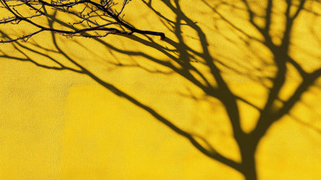 Stunning visual of a tree branch silhouette creating intricate shadows against a vibrant yellow backdrop, showcasing the beauty of nature's outlines and textures in an artistic manner.の素材