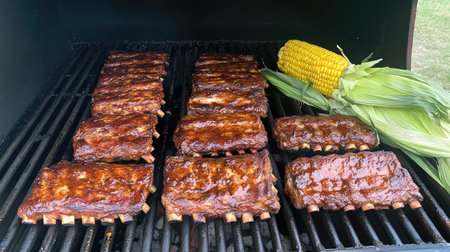 Savor the sight of delicious ribs coated in BBQ sauce along with fresh corn on the cob, all sizzling on a grill. Perfect for any outdoor barbecue event!の素材