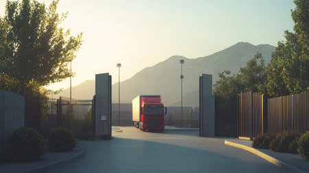 A red truck enters an industrial facility through a gate, framed by mountains and trees, capturing the tranquil beauty of nature during golden hour.の素材