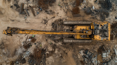 An aerial view of heavy machinery working on a construction site, showcasing equipment, materials, and workers amidst an industrial environment.の素材